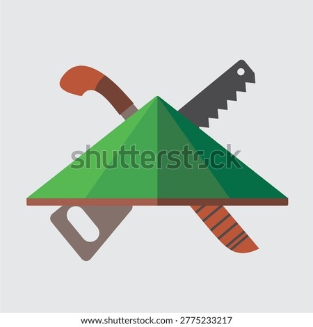 Traditional Forestry Worker Emblem with Conical Hat Machete and Hand Saw