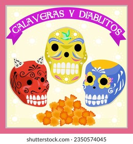 A traditional frame with calaveras and diablitos skulls for Día de Muertos