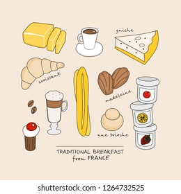 Traditional French Breakfast. Vector set with hand drawn doodles on the theme of food. Sketches for use of design.