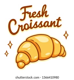 Traditional French croissant drawing with text lettering "Fresh Croissant". Cafe and bakery vector illustration.