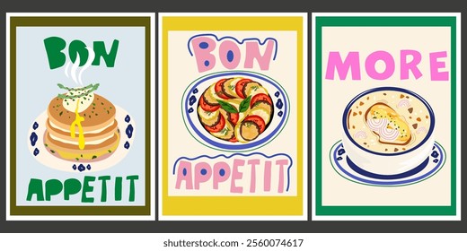 Traditional French cuisine banner. Abstract bright posters in cartoon retro style for the kitchen. Savory pancakes with asparagus and poached egg, ratatouille, onion soup. Vintage decor for wallpaper