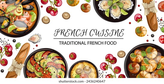 
Traditional French cuisine banner flyer. Isolate on a white background. Clipart, hand drawing. Vector