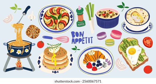 Traditional French cuisine. Cartoon vector retro stickers of traditional products, ratatouille, mushroom julienne, croissant, macarons, onion soup and French pastries. Menu for kitchens and cafes