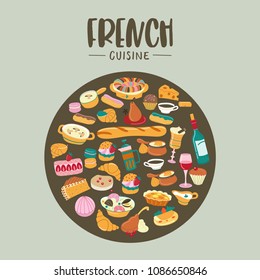 Traditional French cuisine. Large set of vector cliparts in cartoon style oriented in a circle. Soups, desserts, bread, wine.