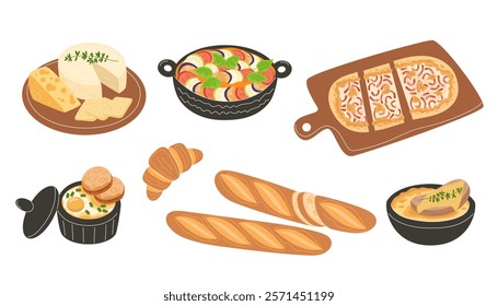 Traditional French Cuisine Set: Ratatouille, Tarte Flambee, Oeufs Cocotte with Tarragon, Onion Soup, Cheese Platter on Wooden Board, Croissant, and Baguette