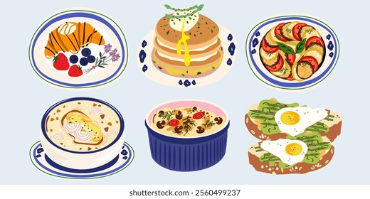 Traditional French dishes. Cartoon vector retro stickers of traditional French cuisine, ratatouille, julienne, pancake, croissant, onion soup and French pastries. Menu for kitchens and cafes