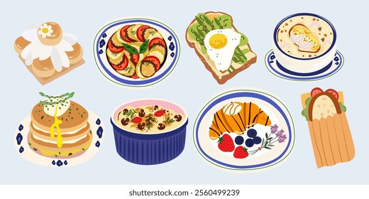 Traditional French dishes. Cartoon vector retro stickers of traditional French cuisine, ratatouille, julienne, pancake, croissant, onion soup and French pastries. Menu for kitchens and cafes