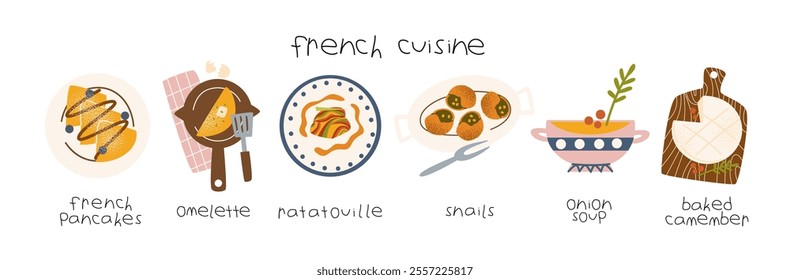 Traditional French dishes. Fresh products and ingredients in cartoon trendy style, traditional french cuisine. Menu for kitchens, cafes and restaurants.Onion soup, ratatouille, oysters