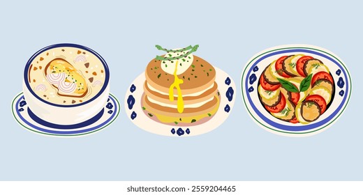 Traditional French dishes. Menu for kitchens, cafes and restaurants. Cartoon flat vector food stickers. Onion soup, ratatouille and pancake with poached egg and asparagus