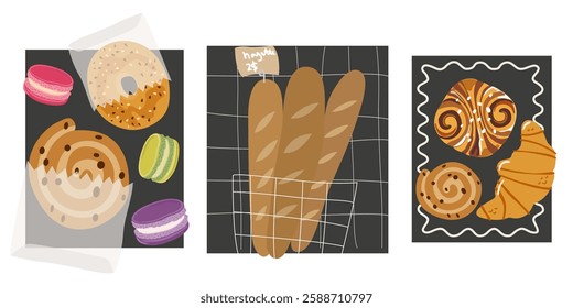 Traditional French dishes. French pastries, sandwich, macarons and baguettes. Sweet baked desserts from wheat flour. Snack food. Abstract retro posters for kitchens, cafes and wall decor