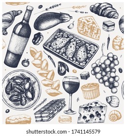 Traditional French Food Seamless Pattern. With Hand Drawn Wine, Meat Dishes, Desserts, And Snacks Sketches. French Cuisine Restaurant Or Store Vintage Background. Food And Drinks From France Backdrop.