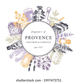 Traditional French herbs wreath. Provence design template in colors. Perfect for brands, banner, label, packaging. Cosmetics, perfumery, soap, candle aromatic ingredients background in color