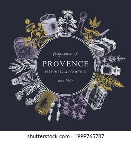 Traditional French herbs wreath. Provence design in chalkboard style. Perfect for brands, banners, labels, packaging. Cosmetics, perfumery, soap, candle aromatic ingredients template