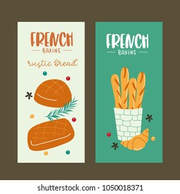 Traditional French pastries, bread. Baguettes, croissants and rye bread. Vector illustration.