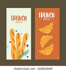 Traditional French pastries, bread. Baguettes and croissants. Vector illustration.