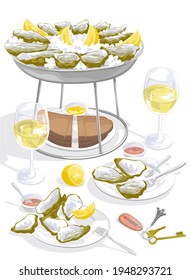 traditional French serving of oysters on ice with lemon, rye bread, butter, onions vinegar sauce. Two glasses of white wine.