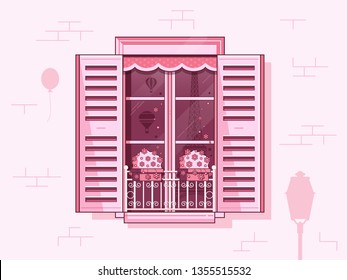 Traditional french window with shutters, flowers in pots, curtains and Paris scene reflected in glass. Illustration with parisian symbols like french balcony, vintage air balloons and Eiffel tower.