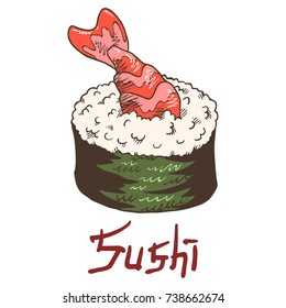 Traditional fresh delicious sushi makizushi with shrimp's tail. Hand drawn isolated illustration with the inscription on a white background