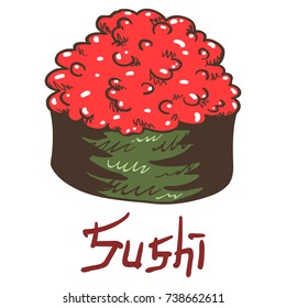 Traditional fresh delicious sushi nigirizushi gunkan with red tobiko fish caviar. Hand drawn isolated illustration with the inscription on a white background