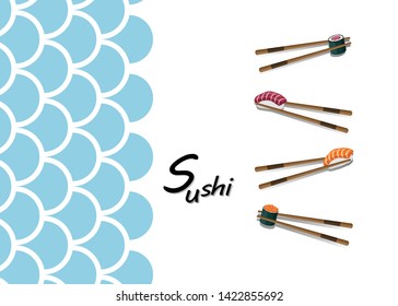 Traditional fresh japanese sushi with chopsticks (hashi). Concept design menu or signboard template for restaurant, brochure, poster, cards, logo, japanese foods shop and cafe. Vector illustration.