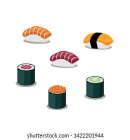 Traditional fresh japanese sushi isolated white background. Concept design menu or signboard template for japanese restaurant  and cafe. Vector illustration.