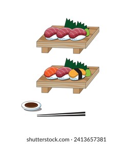 Traditional fresh japanese sushi. Nigiri sushi set on wooden plate with chopsticks and wasabi soy sauce. Concept design sushi menu for japanese restaurant and Seafood logo. Vector illustration.