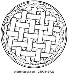 Traditional fruit pie top view. Apple, pumpkin or berry pie on a plate. Autumn dessert. Vector illustration in hand drawn sketch doodle style. Line art isolated on white for coloring book, print