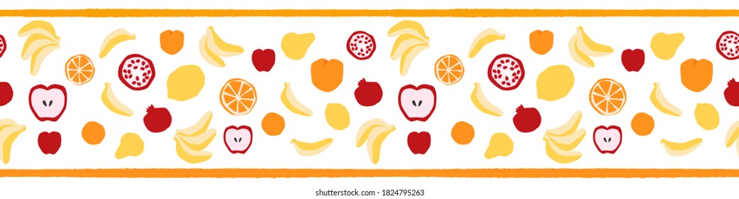 Traditional fruit vector seamless pattern with orange stripe border and apple, pear, banana and lemon in the middle to print on table runner or towel.