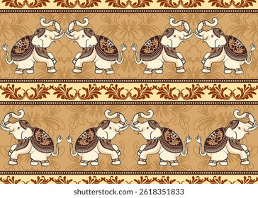 Padrão sem emenda de elefantes engraçados tradicionais. Estilo oriental com damasco em fundo de tom de cor marrom e bege. Projeto vetorial para papel de parede, fundo, tecido, têxtil, batik e bordado.