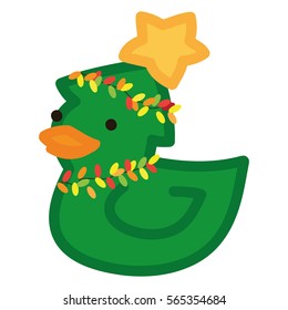 Traditional funny rubber yellow duck like christmas tree with star