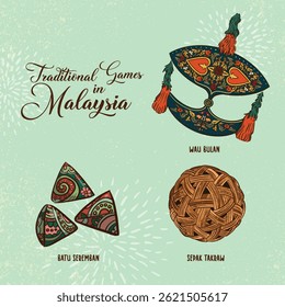 Jogos tradicionais na Malásia desenho esboço cultura nostálgica 