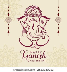 Traditional Ganesh Chaturthi greeting card with elegant maroon outline of Lord Ganesha floral mandala patterns and hanging decorations on beige background for festive design
