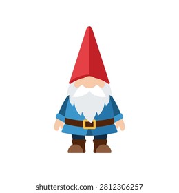 Traditional garden gnome with red hat and blue coat flat vector illustration fairy tale ornament mythical character