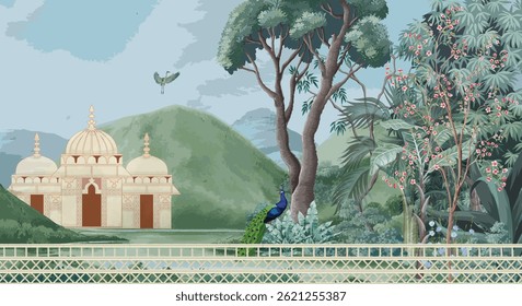 Traditional Garden Landscape with Palace and Peacock, Tropical Jungle Wall Mural Illustration Traditional garden.