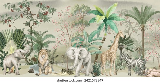 Traditional garden wallpaper, watercolor background, animal, flowers, watercolor tree.