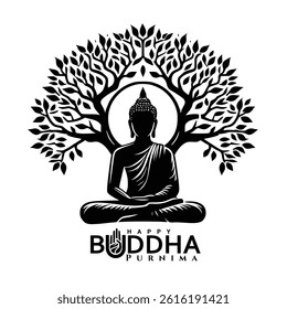 Traditional gautam buddha silhouette art with tree for buddha purnima or vesak day greeting