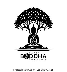 Traditional gautam buddha silhouette art with tree for buddha purnima or vesak day greeting