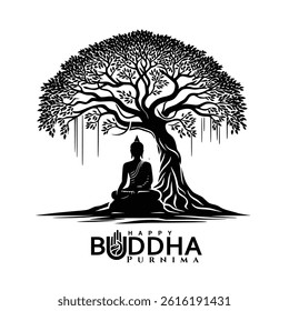 Traditional gautam buddha silhouette art with tree for buddha purnima or vesak day greeting