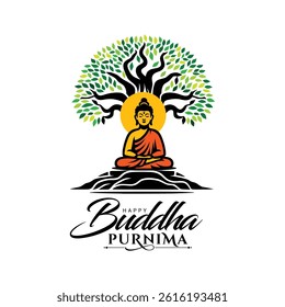 Traditional gautam buddha vector with tree for buddha purnima or vesak day greeting