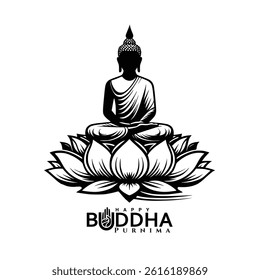 Traditional Gautama buddha hand drawn style and lotus flower for buddha purnima or vesak day greeting