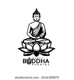 Traditional Gautama buddha hand drawn style and lotus flower for buddha purnima or vesak day greeting