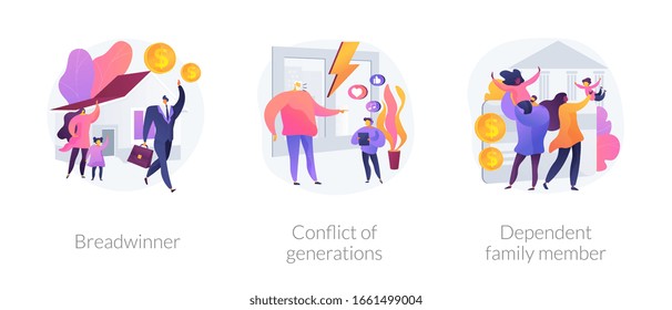 Traditional gender and social roles metaphors. Breadwinner, conflict of generations, dependent family member. Male and female stereotypes in society abstract concept vector illustration set.