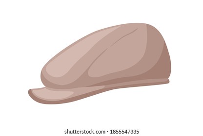 Traditional gentleman beige coppola hat in retro style. Autumn male headdress or kepi for golf. Flat vector cartoon illustration of classic headgear isolated on white background