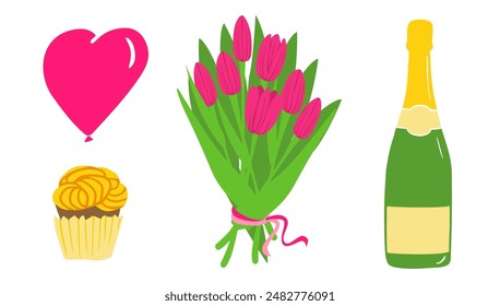 traditional gentleman's set for date,  bouquet of flowers, sweets, bottle of champagne, a heart-shaped balloon. Equipment for romance, dating, matchmaking, marriage. Simple flat illustration 