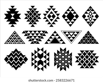 Traditional geometric abstract shape style native American Aztec African Mexican Navajo Indian tribes culture pattern ornamental element tradition decorative design icon set collection black color