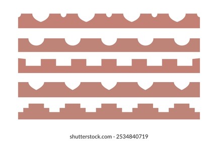 Traditional geometric arabic shape border. Oriental abstract arch medina, old city roof top seamless border pattern brown.