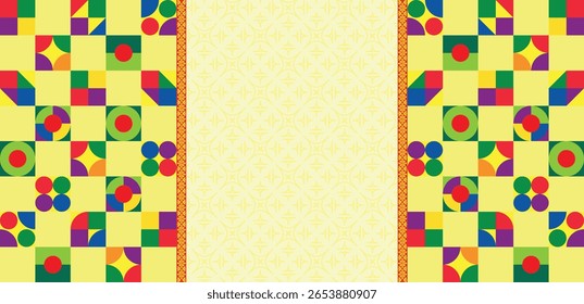 Traditional Geometric Border Background with Yellow Center Pattern and Colorful Design