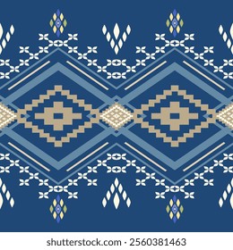 Traditional Geometric Design Ethnic Detailed Needle Craft Art of Tribals Embroidery on Denim Blue Background. Homespun Weaves Design for Silk Scarf Carpet Handcraft Fabric Pillow Cushion Decoration.