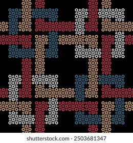 Traditional geometric design with linked square rings decorated with small blue, red, yellow, and white circles and dots on a black background. Modern ethnic style. Seamless repeating pattern. 