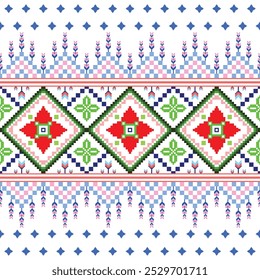 Traditional Geometric Embroidery Pattern with Floral and Diamond Motifs